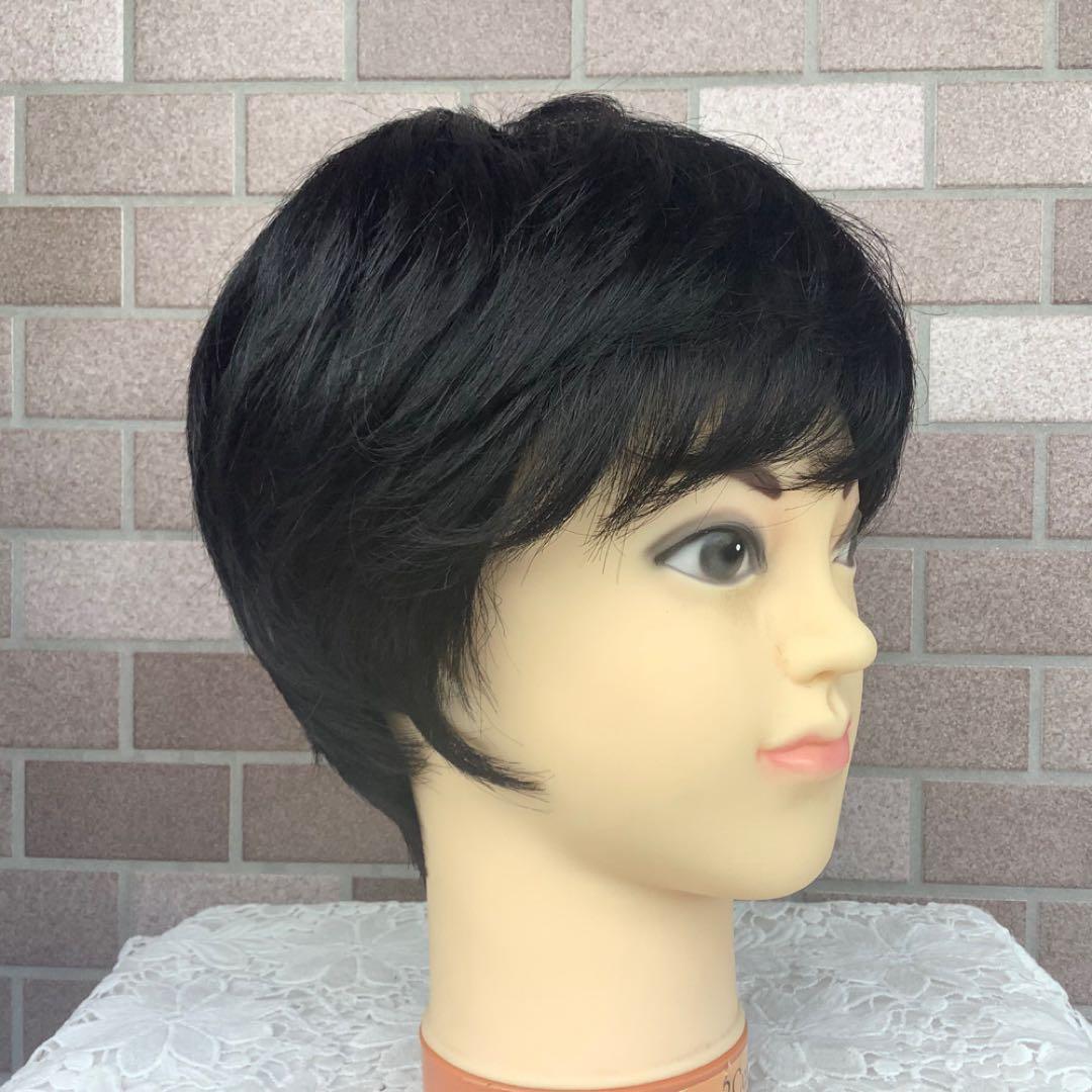 人毛100% 手植えフルウィッグ 医療ウィッグ ショートカール ブラック