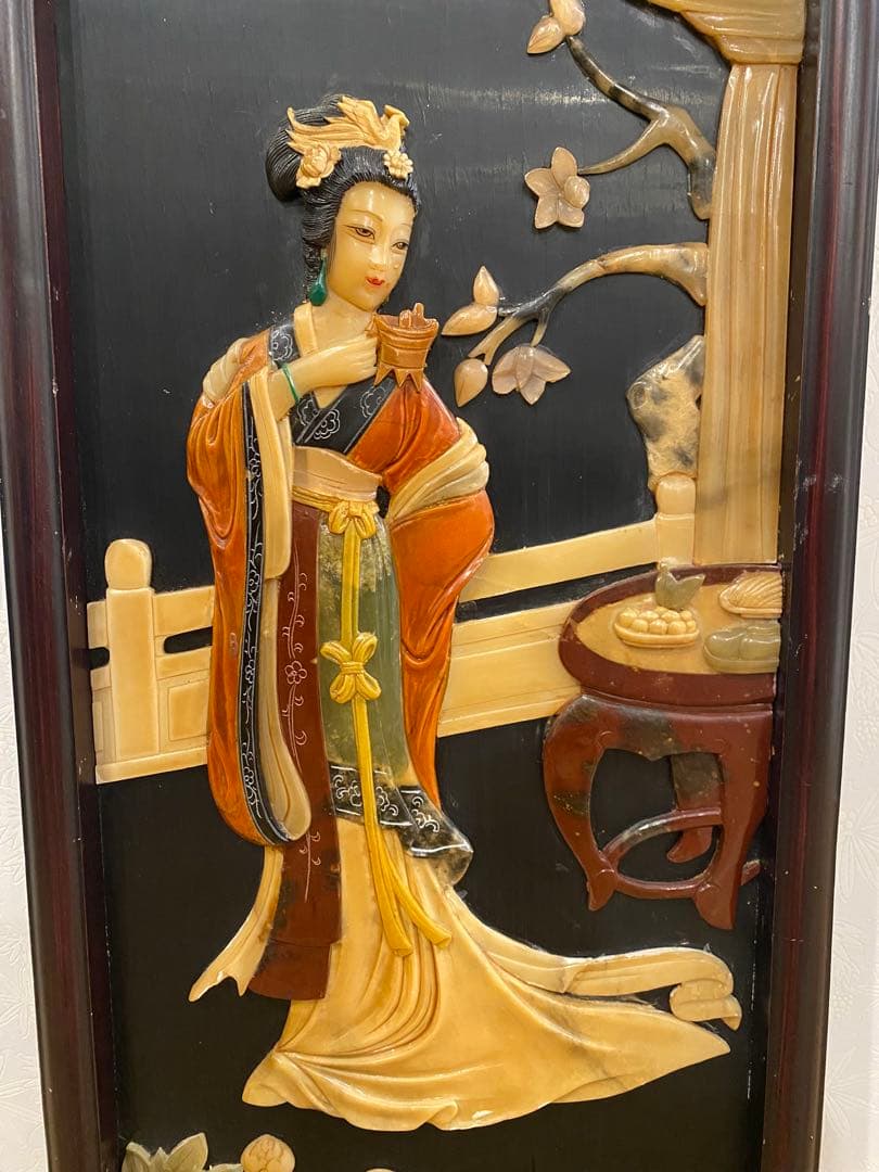 高級中国骨董 楊貴妃 貴妃醉酒 玉石絵画 工芸品 中国美術