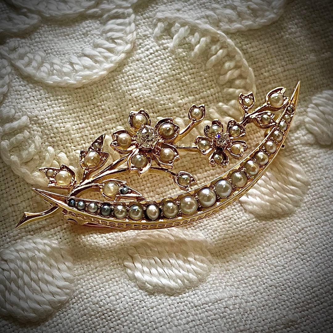 k18 ヴィクトリアン オールドマインカットダイヤモンド＆シードパール