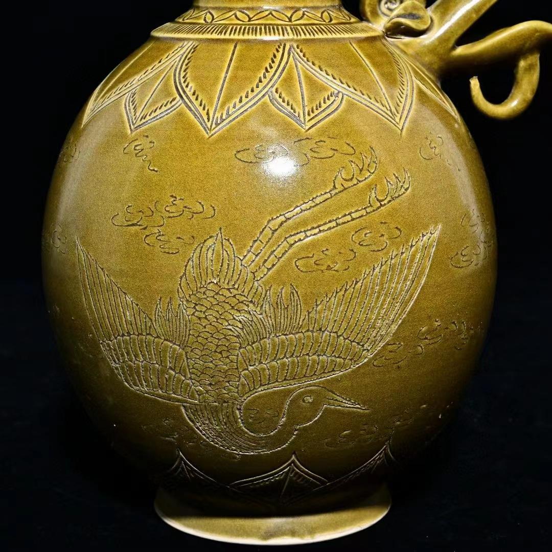 中国古美術 旧蔵の陶磁器鶴模様の静瓶 18x35cm 茶道具 案頭 置物