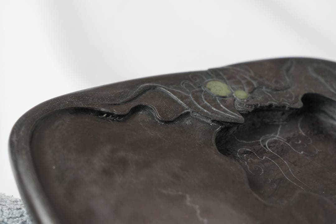 福 縁起物 蝙蝠文高彫 硯 眼 細工 コウモリ 雲海 年代美品 端渓 五福