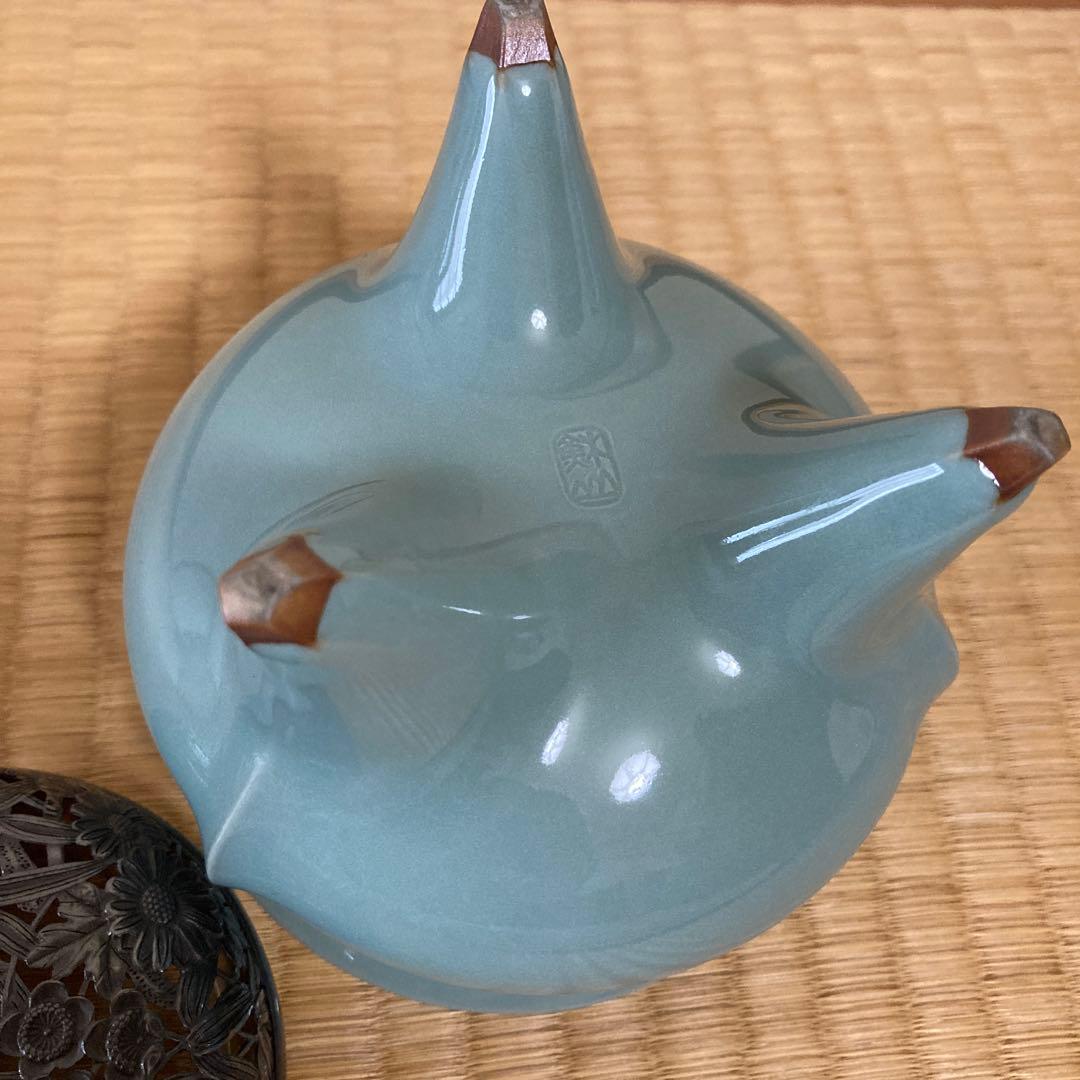 諏訪蘇山作 香炉 青磁 袴腰 三足香炉 純銀 花刻透し