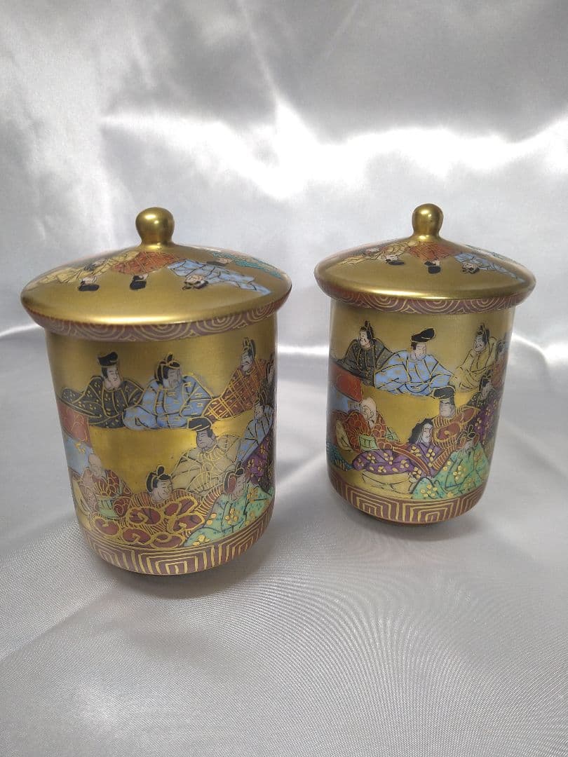 九谷焼 住田岳陽 本金色絵 三十六歌仙絵 夫婦湯呑 蓋付き 小田清山 細字