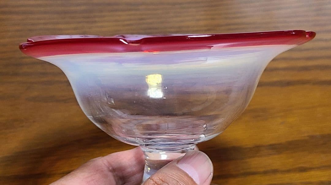 アンティーク 大正～昭和 乳白色 氷グラス 赤/青暈し 吹きガラス