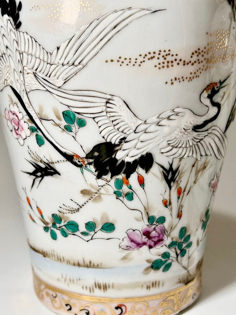 明治瀬戸の名工 加藤繁十 桃花園画 上絵飛鶴文花瓶一対 瀬戸 瀬戸焼