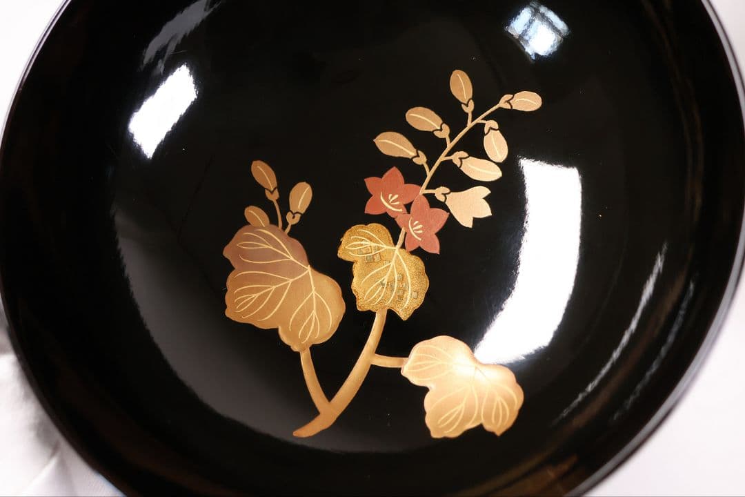 【CM402】天然木漆塗 菊桐鳳凰金蒔絵 黒塗 吸物椀 五客 昭和期 木製漆器