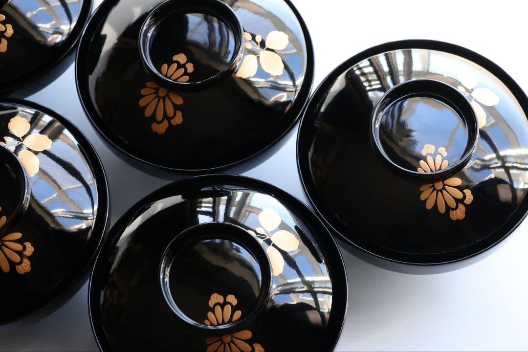 【CM402】天然木漆塗 菊桐鳳凰金蒔絵 黒塗 吸物椀 五客 昭和期 木製漆器