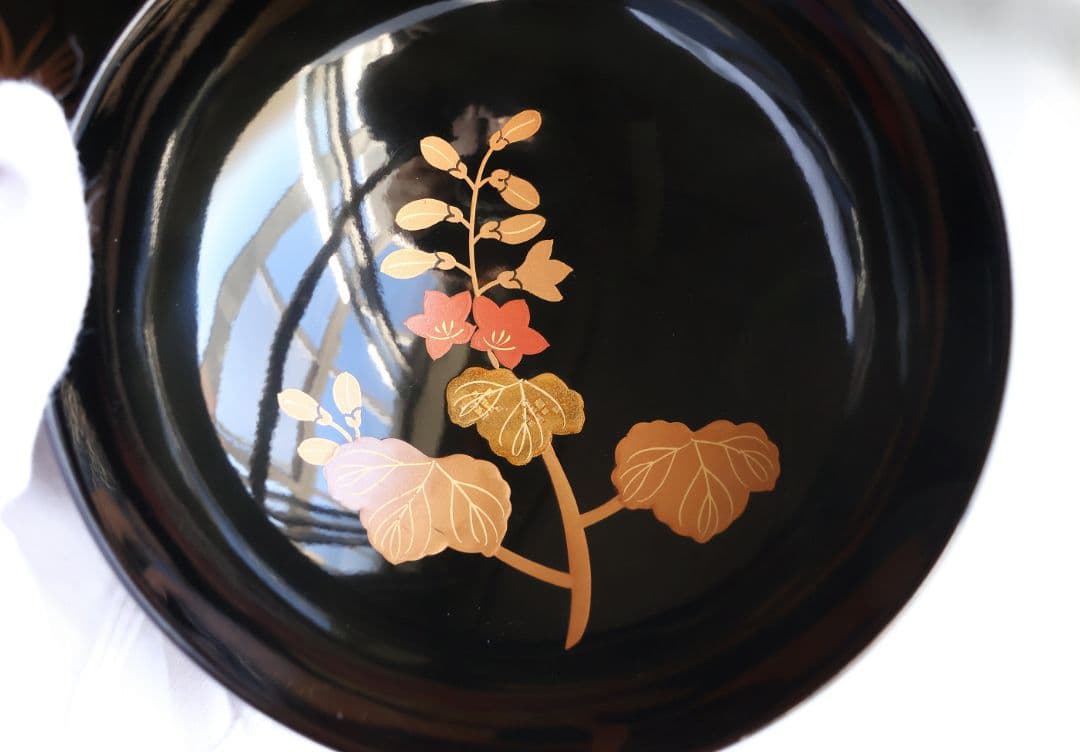 【CM402】天然木漆塗 菊桐鳳凰金蒔絵 黒塗 吸物椀 五客 昭和期 木製漆器