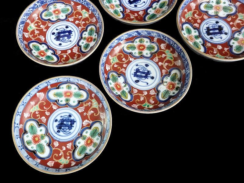 大聖寺伊万里 色絵 窓絵 菊に唐草の図 4寸皿 5客 A136A-