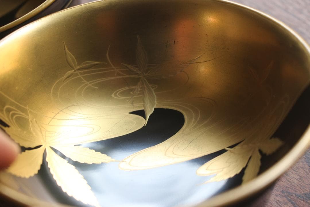 時代逸品！端正な金縁黒漆に極上竜田川蒔絵の映えるお椀2点（検京塗