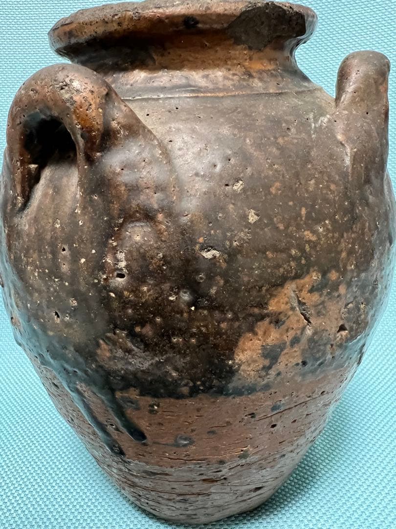 中国明朝（青釉 四耳壺）陶器 骨董品 時代物 高さ24cm解体整理品現状品のみ