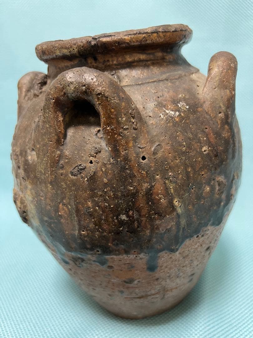 中国明朝（青釉 四耳壺）陶器 骨董品 時代物 高さ24cm解体整理品現状品のみ