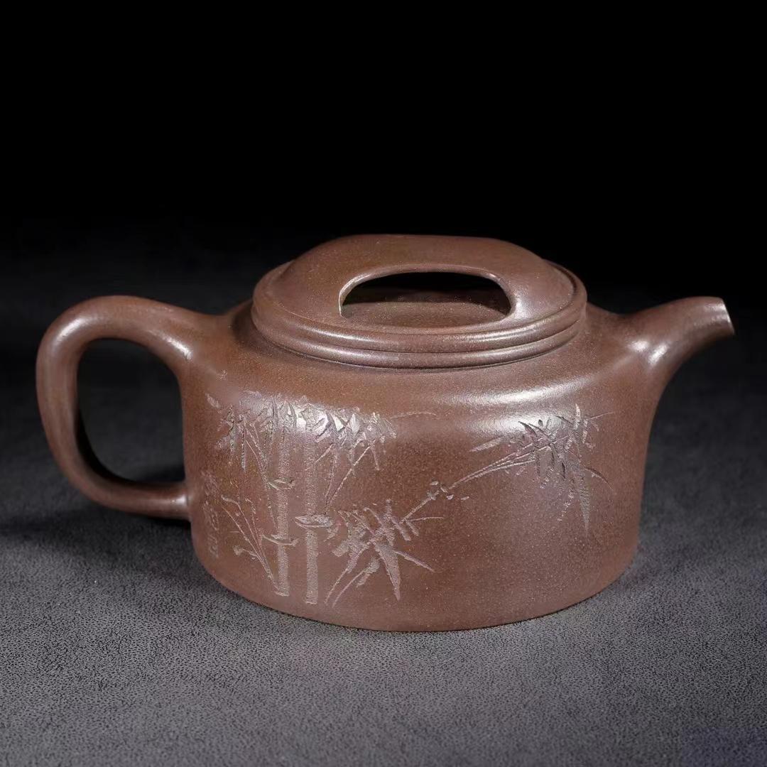 中国古美術・宜興原鉱紫泥牛蓋竹韻茶香紋・紫砂