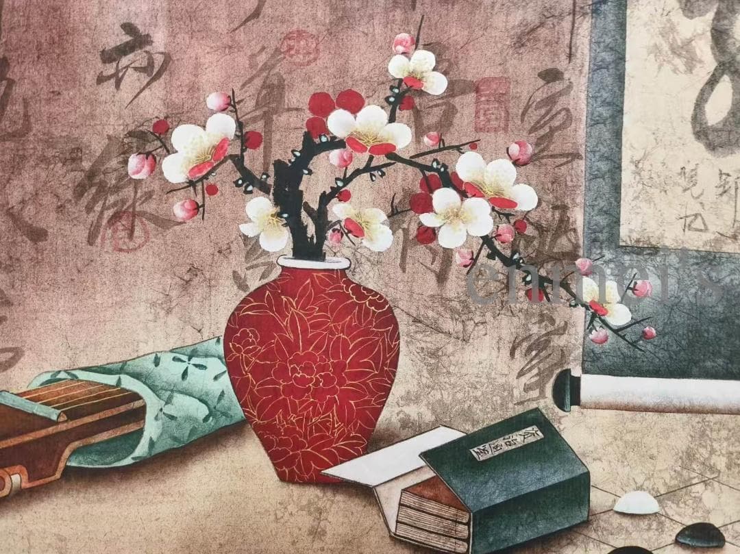 中国古美術 清時代 郎世寧作款 福慶如意図 横幅 宣紙 手描き 掛け軸