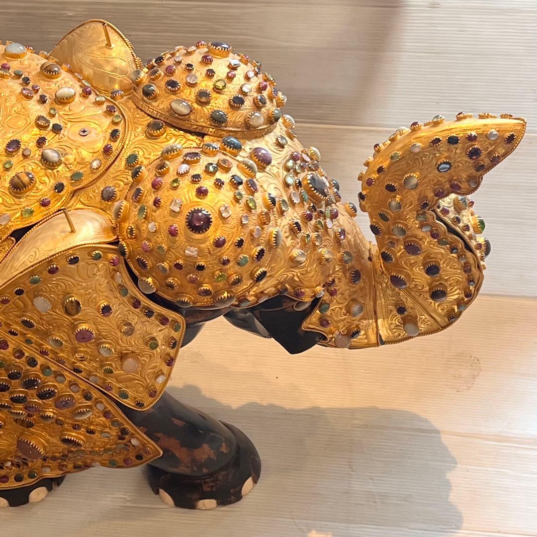 鑑定書あり 希少 中国美術 木彫 宝石飾 特大 象 置物 飾り物 インテリア