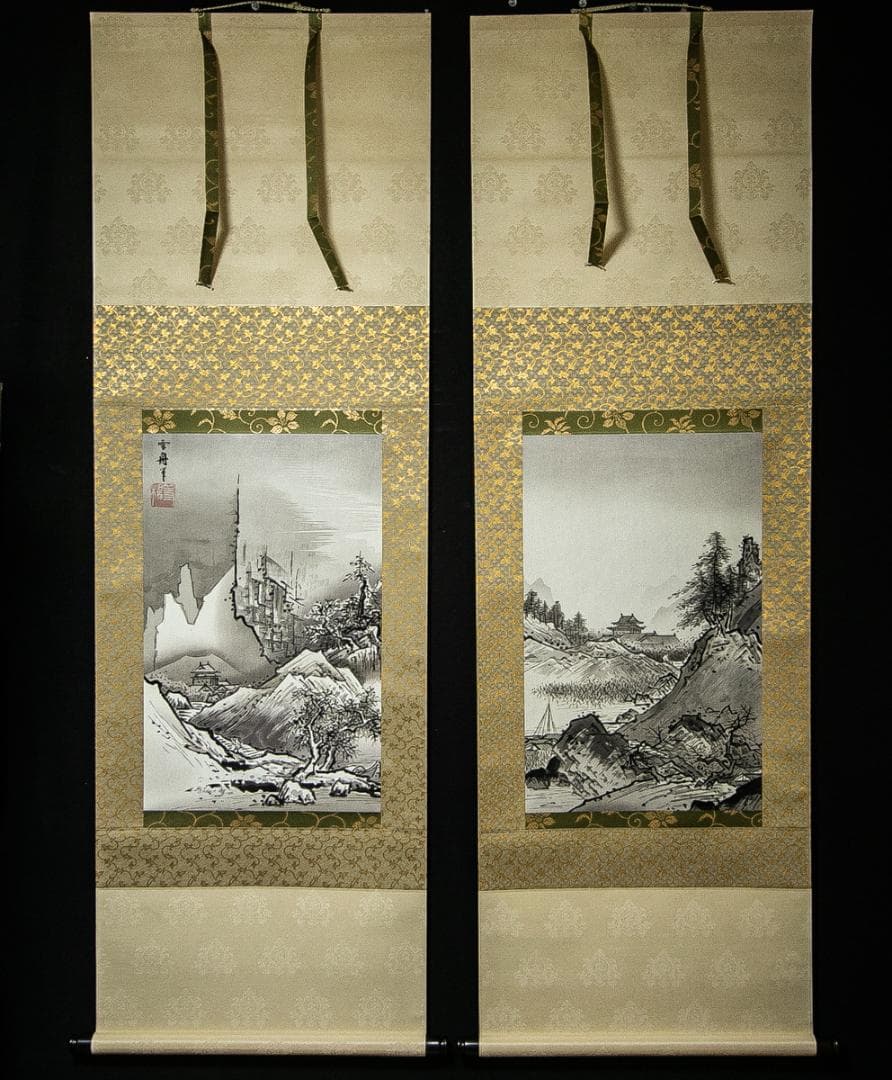 掛軸-1598　雪舟等楊　国宝「秋冬山水図」　手摺木版画　限定200部の88番