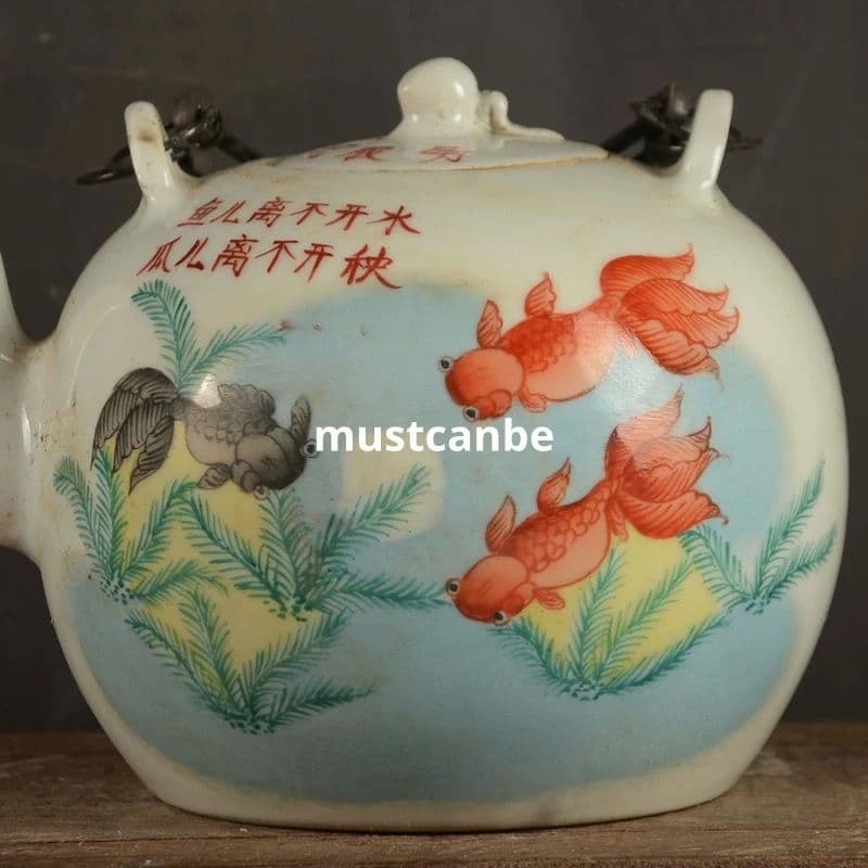 景徳鎮 陶磁器 手描きパステル魚提梁湖 茶壺 煎茶器 装飾品 現代工芸品