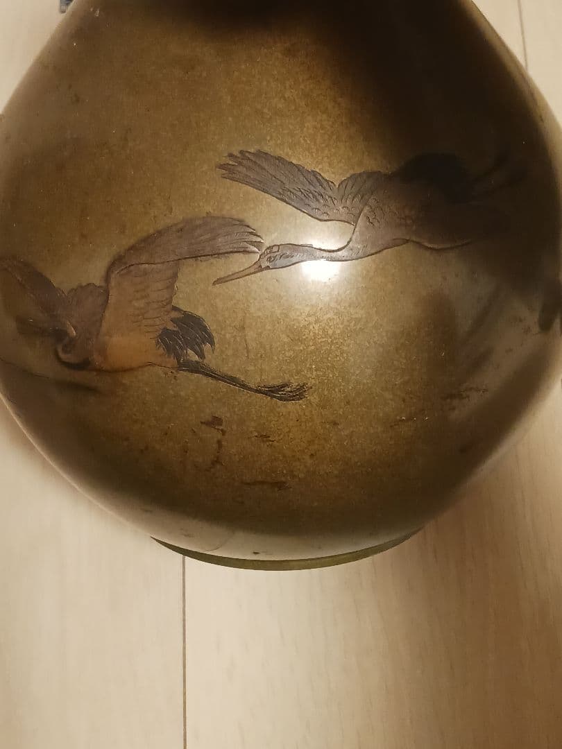 旧家 蔵出し 銅製 花瓶 花生 鶴図 銘あり