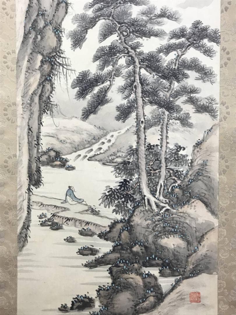 真作】篠田豊岳/雲山探句/渓山人物図/山水図/掛軸/名家伝来/