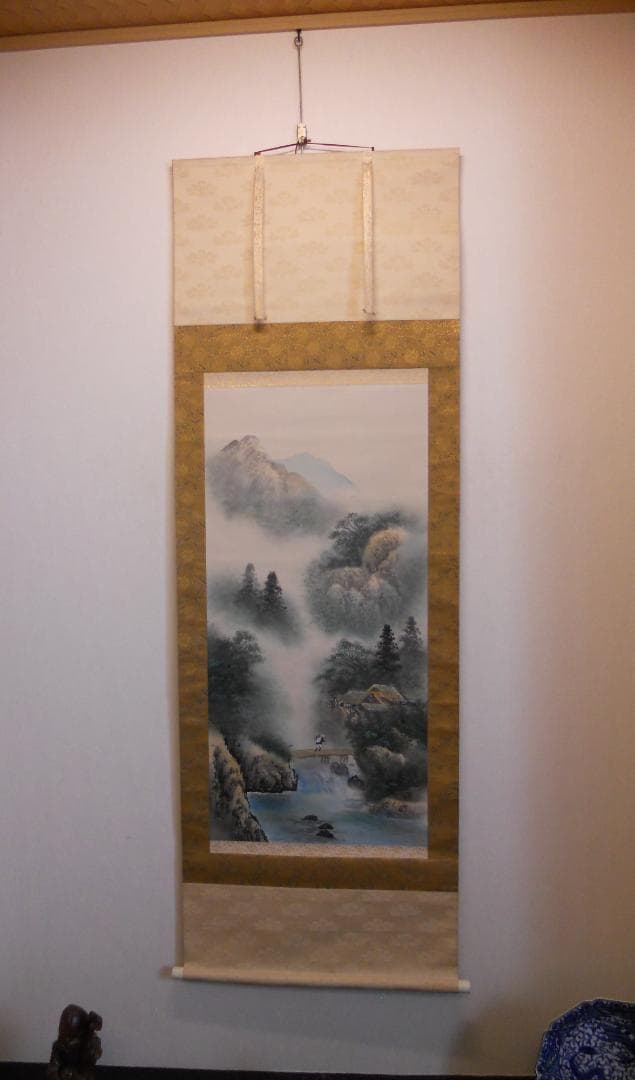 掛け軸 竹鳳 彩色山水 絹本 希少 軸装 茶道具 掛軸 美品です