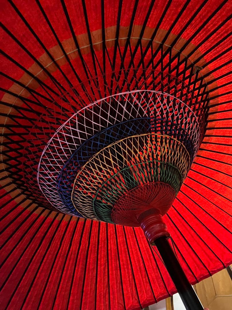 茶道具 野点傘 赤 袋と箱付き 茶道具 野点傘 屋外用傘立＆