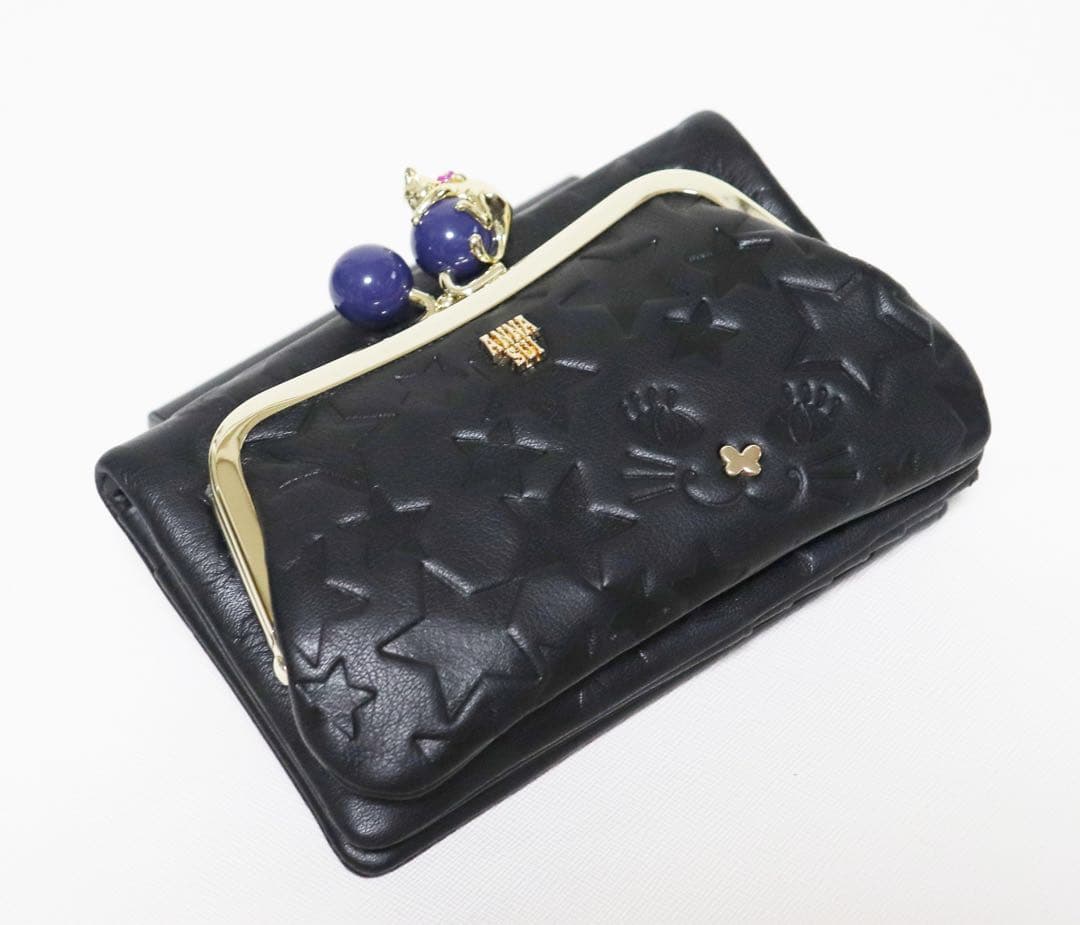 《アナスイ》新品 可愛いネコちゃん 星型押しレザー 2つ折りがま口財布 口金