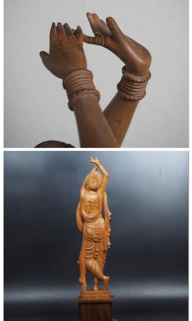 送料無料 時代物 老山白檀香木インド白檀細密彫刻女神像高さ