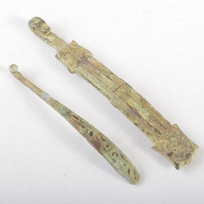 中国　古銅青銅　帯鈎　筆架　2点まとめて　V　R6064