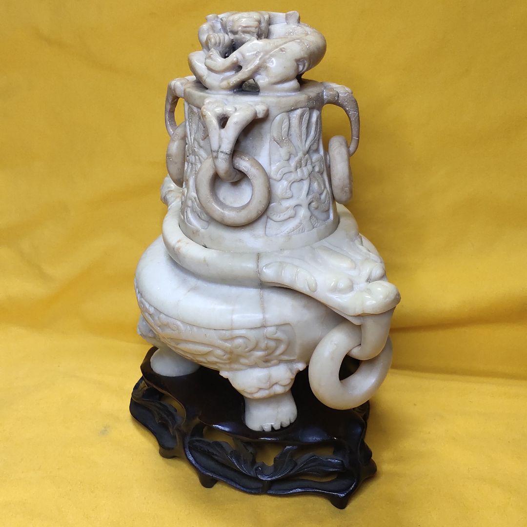 玉石彫刻 遊環香炉 木彫り台 共箱 石細工 アンティーク 旧家蔵出 風水