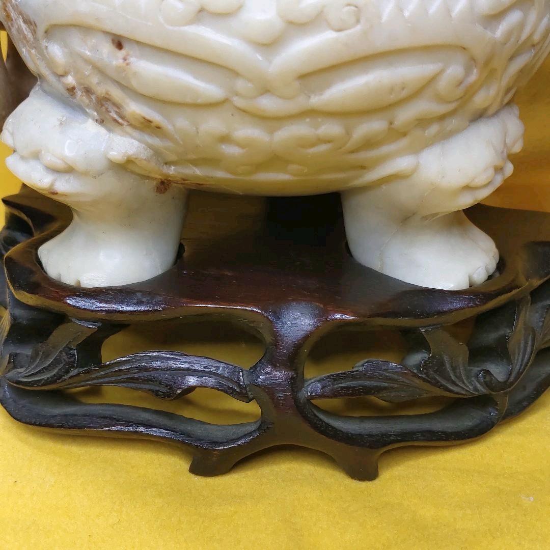 玉石彫刻 遊環香炉 木彫り台 共箱 石細工 アンティーク 旧家蔵出 風水