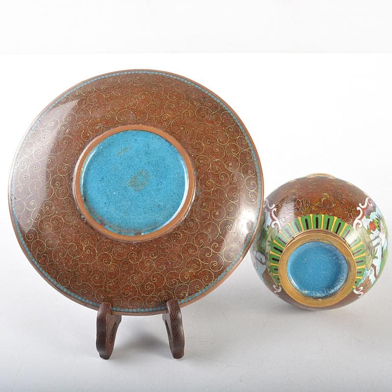 中国　古七宝琺瑯彩　鶴文瓶　扇子文盤　花瓶　皿　2点まとめて　M　R5802