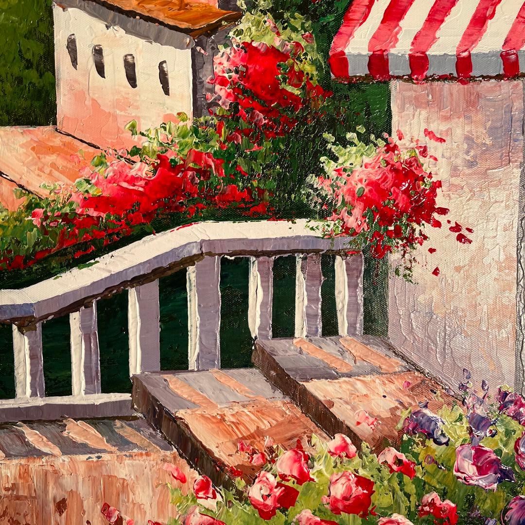 ★特大秀作★ 手書き油絵 地中海の風景 肉筆絵画 額付き インテリア 油彩画