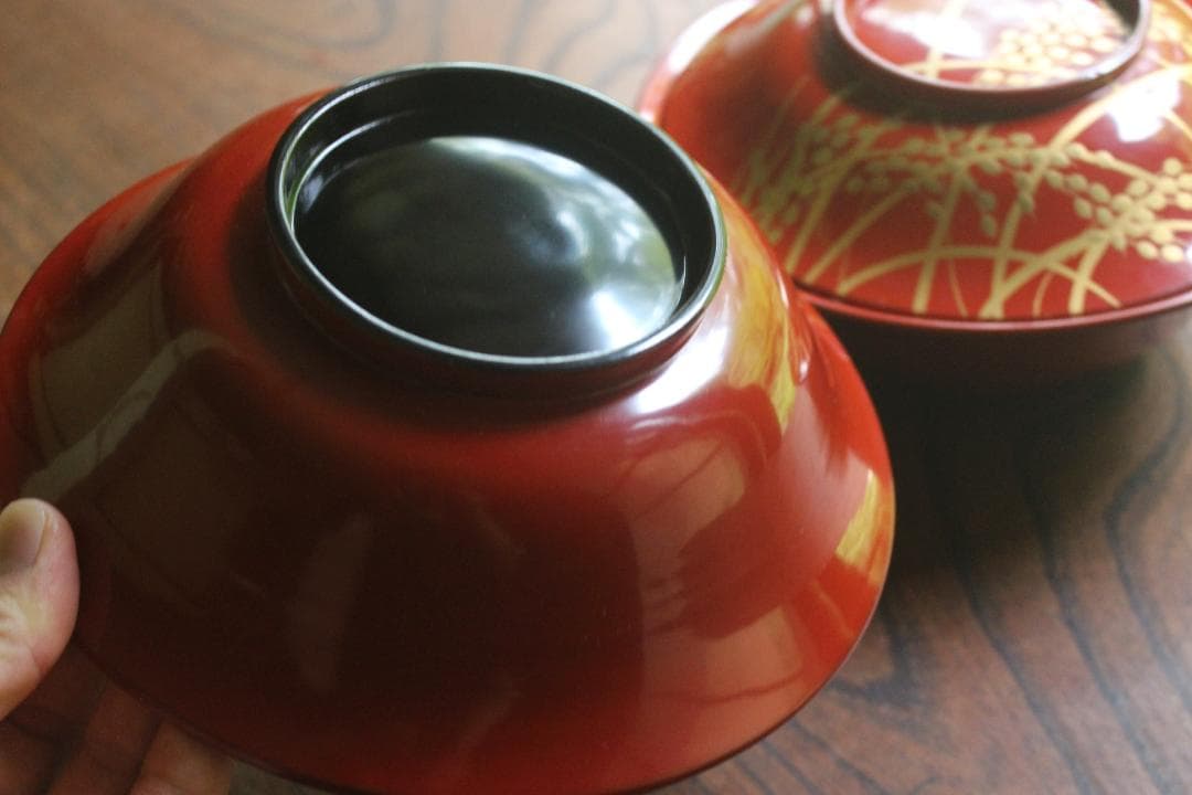 デッドストック！時代朱漆に極上稲穂雀蒔絵の映える大椀2点（検