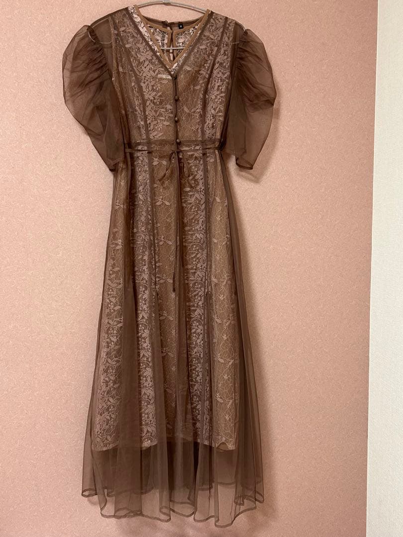 【LEJA】花柄総レースパフスリーブウエストリボン ドレス パーティ ワンピース