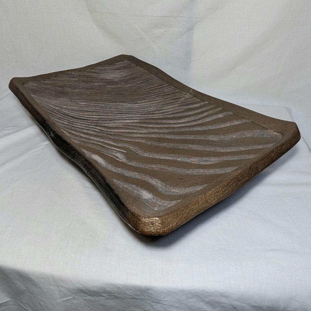 直しあり】岡山県重要無形文化財 山本出 備前焼 足付縞文様長方皿 花台