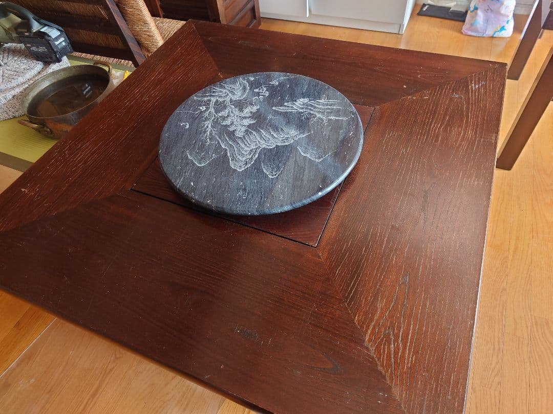 九州民芸家具　火鉢炉付卓子回転台付　ダイニングテーブル　銅製火床　囲炉裏テーブル