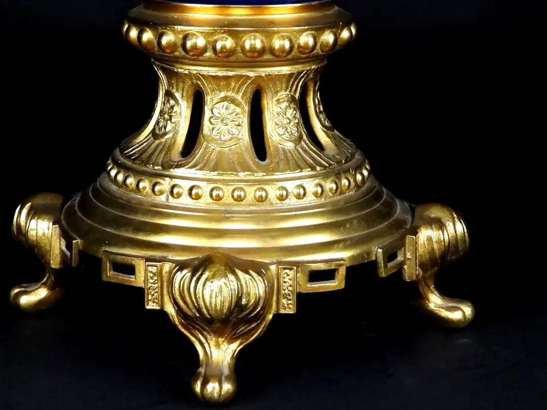 古美術 有田焼 色絵 花鳥紋 銅製 獣耳遊環 四足 燭台/高さ