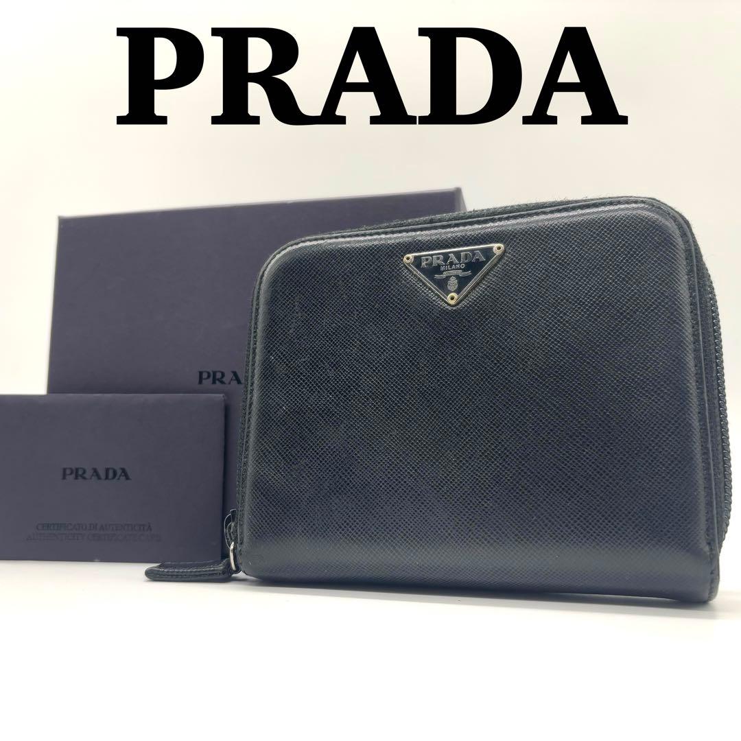 良品✨️PRADA 二つ折り財布 サフィアーノレザー ブラック 三角プレート