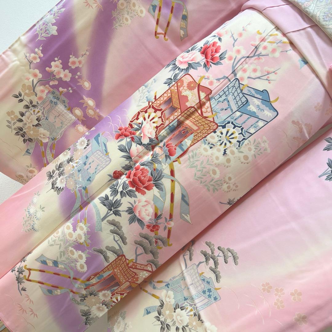 392 振袖フルセット 正絹 薄桃 薄紫 白 ピンク ラベンダー 金彩 暈し