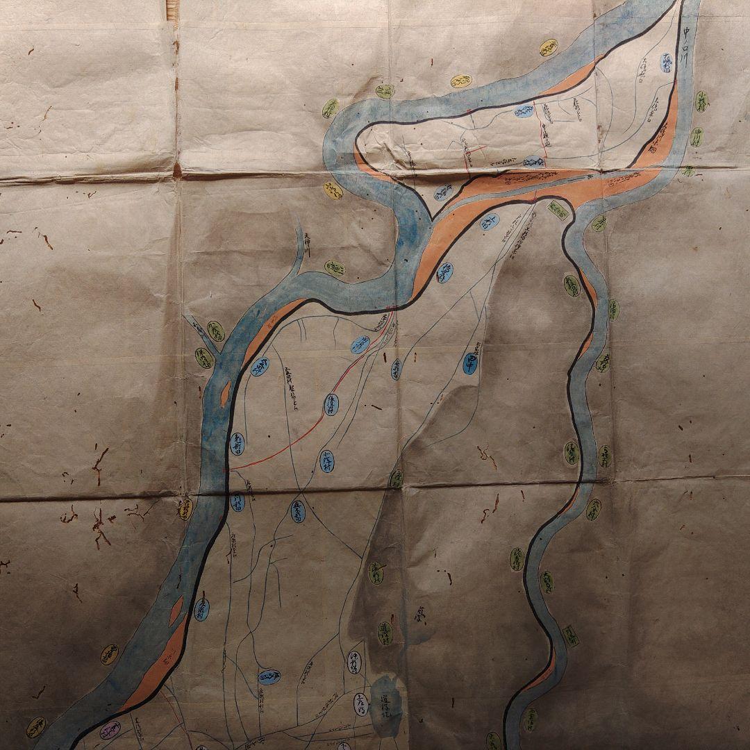 江戸時代越後味方村白根付近彩色古地図和紙裏打長さ196cm