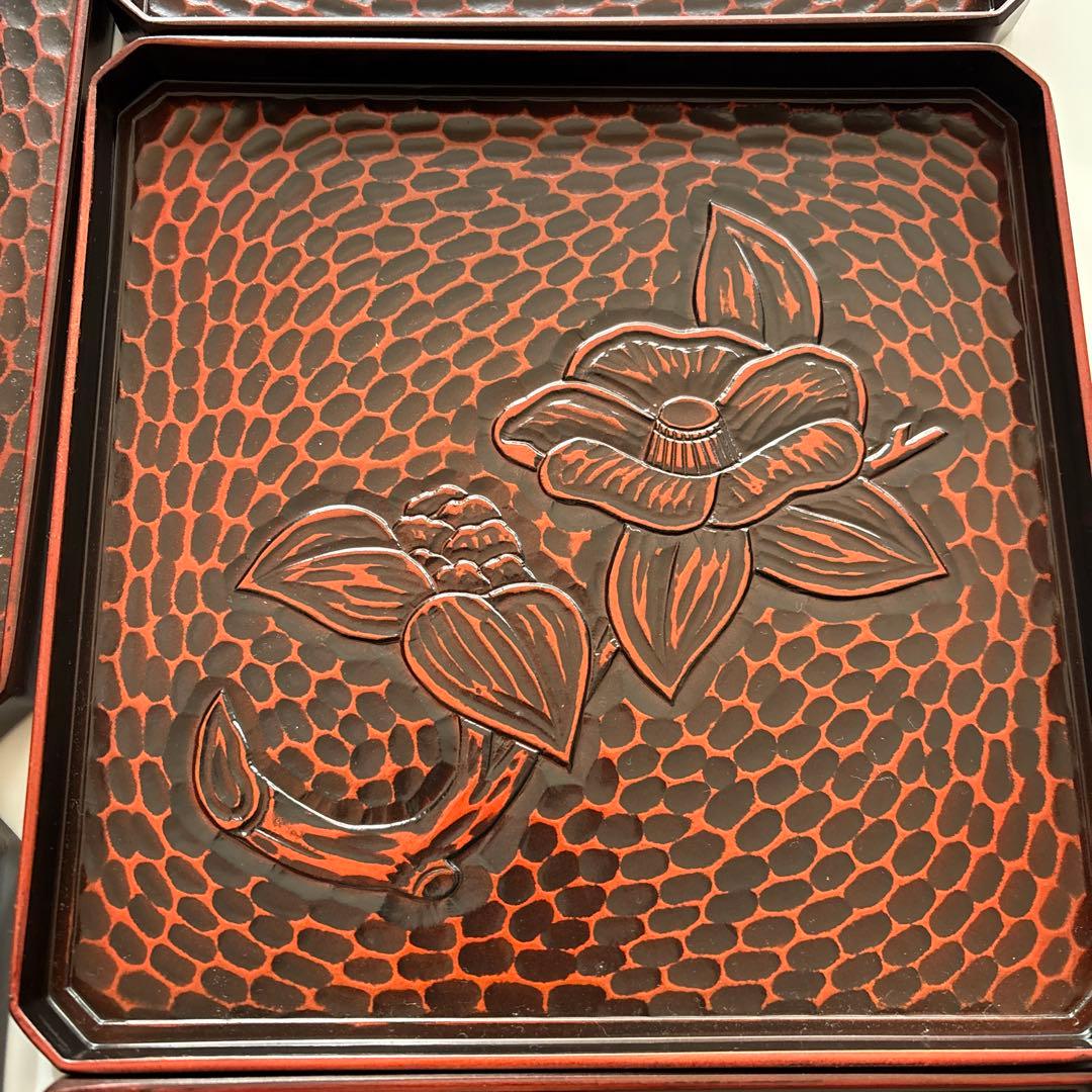 赤褐色 漆器皿 盆　膳　5枚セット 椿模様