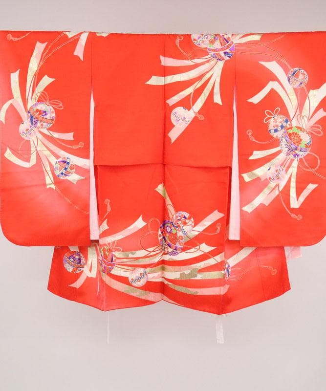 七五三着物11点セット7歳 女の子　束ね熨斗に鞠　子供着物　赤 化繊 11RR2