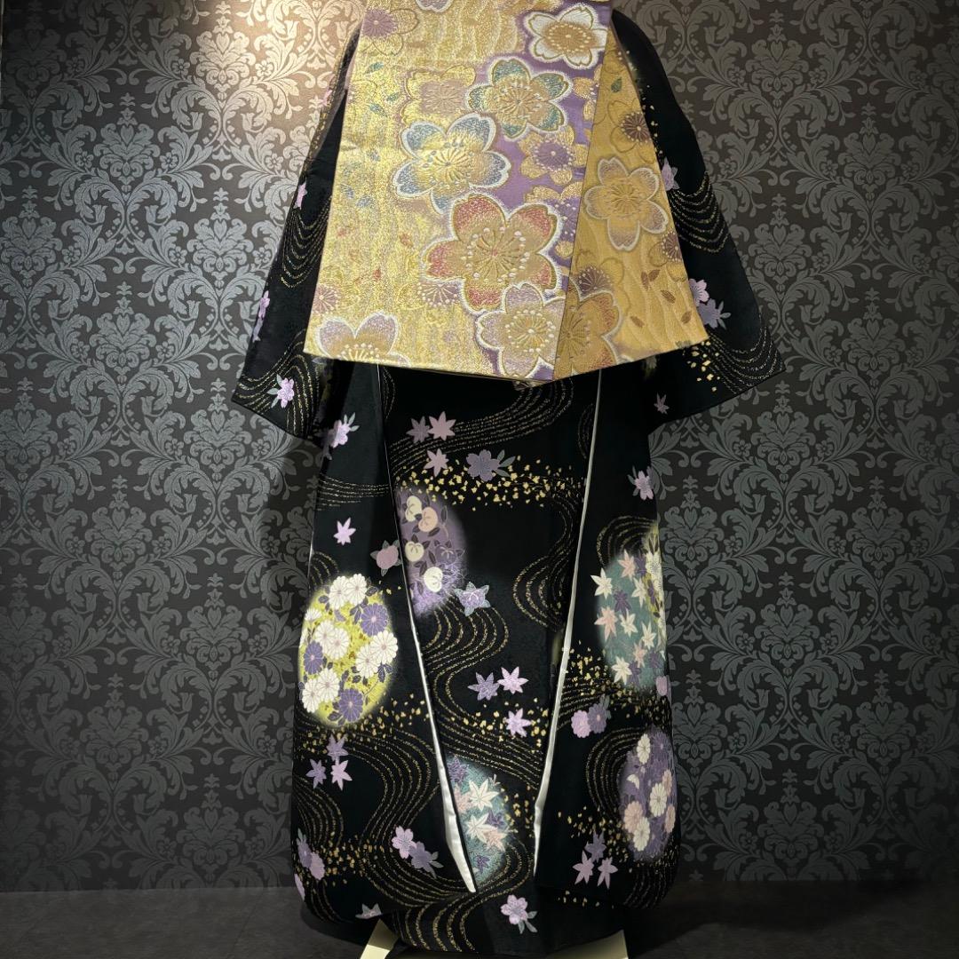 美品 黒 地紋 金駒刺繍 金彩 逸品 振袖 フルセット 振袖 美品 黒地