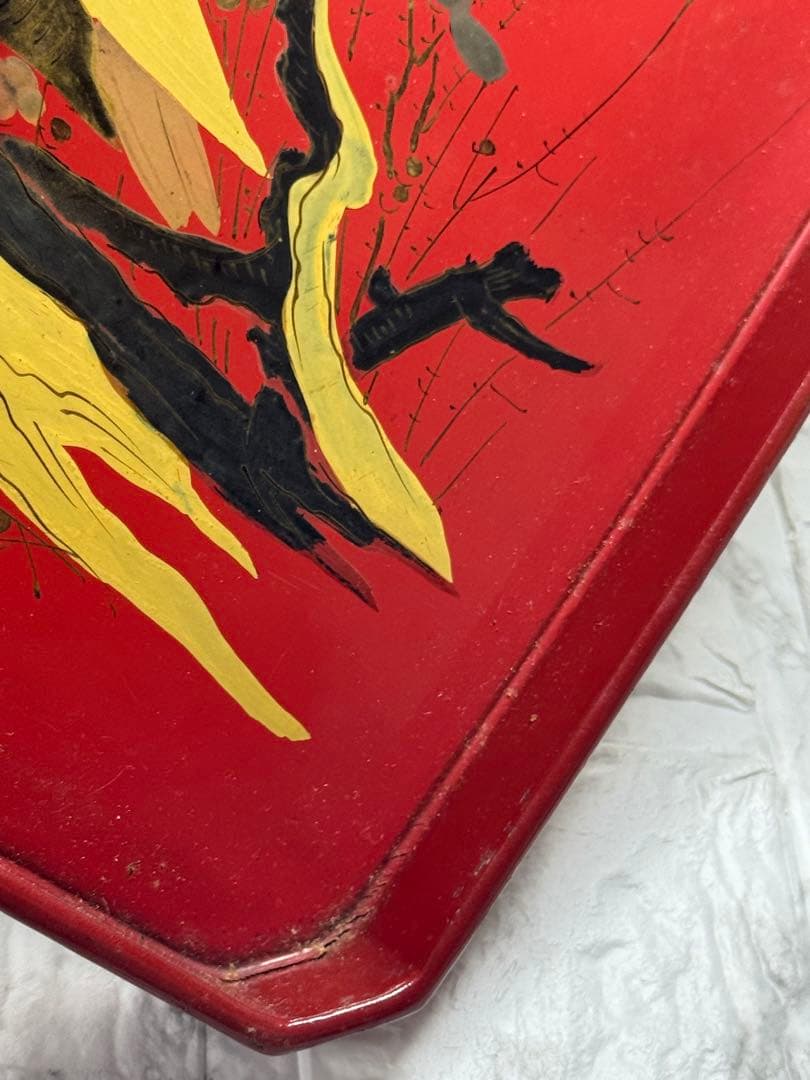 骨董お盆 漆器 朱地 木製 時代もの　古民具 鳥 アンティーク レトロ