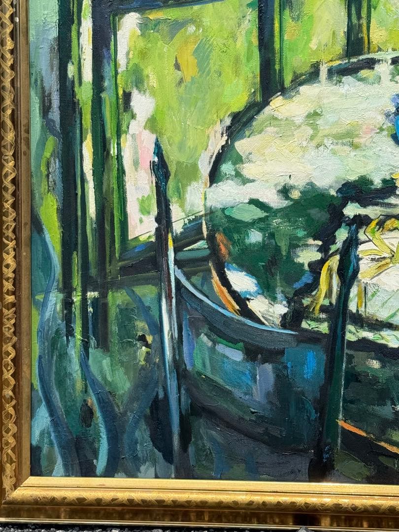 平野能子作 油彩絵 窓を開けて 直筆 示現会作品 額装 送料