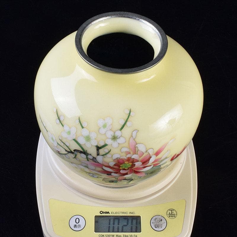 七宝焼 林武生作 黄地 四君子文 花瓶 共箱 M R9341H