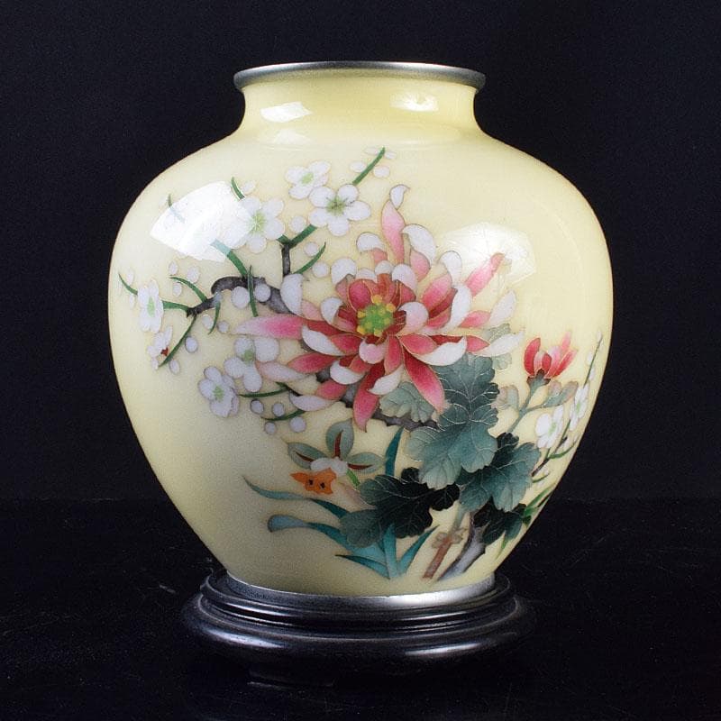 七宝焼 林武生作 黄地 四君子文 花瓶 共箱 M R9341H