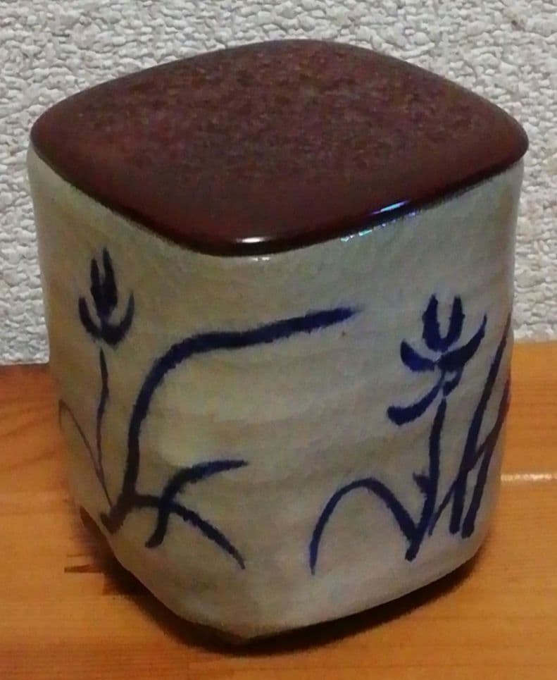 横山朝陽作 呉須絵 四方 茶入 共箱 茶道具