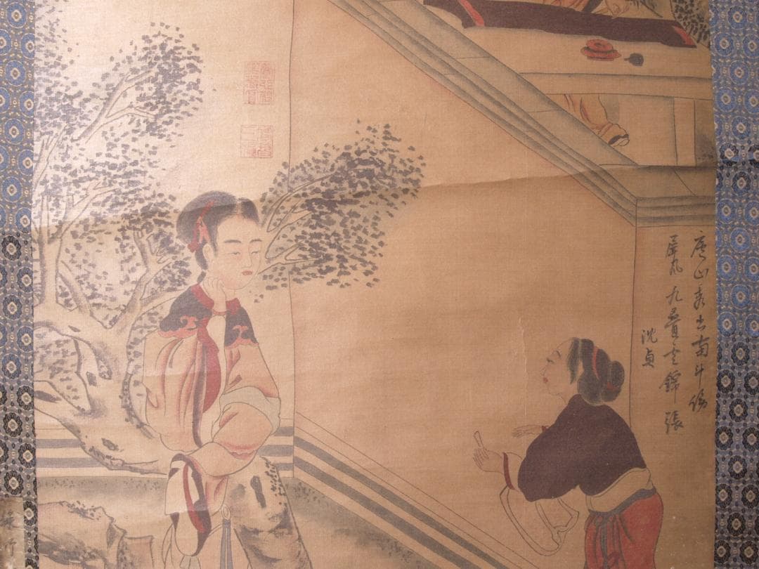 骨董掛け軸】山水図 中国唐時代 贯休 肉筆保證唐物唐本 AK615A12-