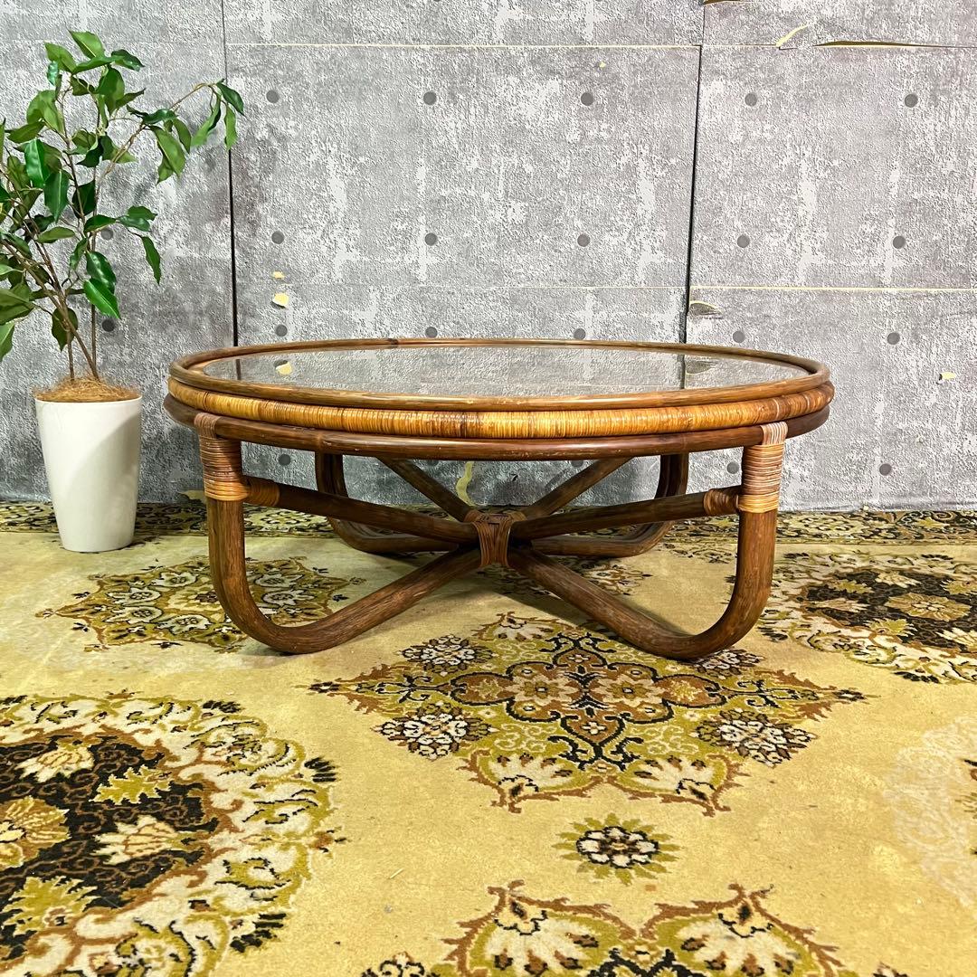 昭和レトロ ラタン ガラステーブル 籐 円卓 座卓 ヴィンテージ